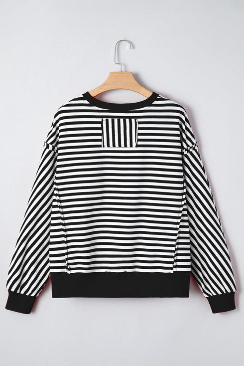 Exposed Seam Drop Shoulder Striped Cotton Blend Pullover Top