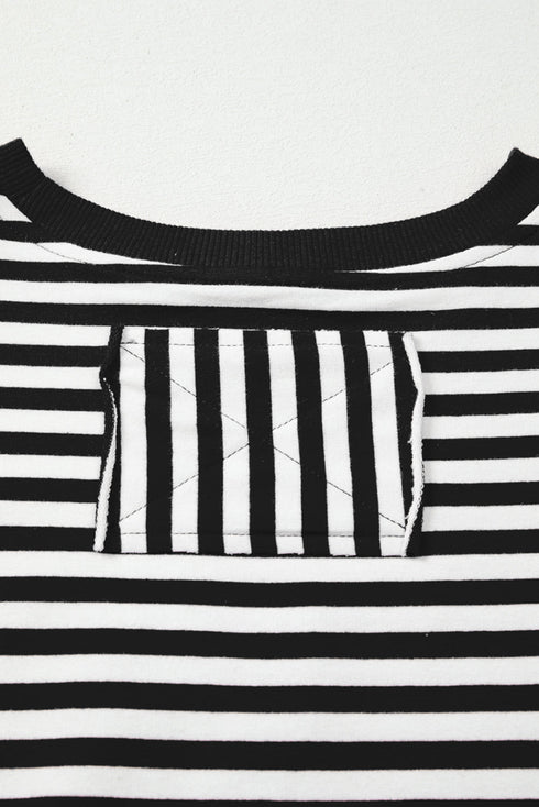 Exposed Seam Drop Shoulder Striped Cotton Blend Pullover Top