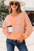 Exposed Seam Drop Shoulder Striped Cotton Blend Pullover Top
