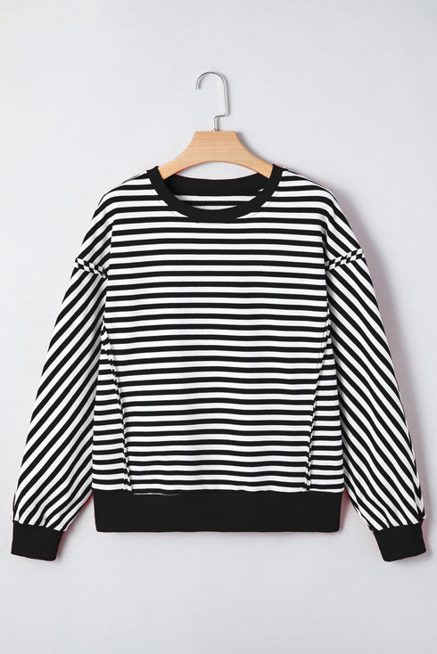 Exposed Seam Drop Shoulder Striped Cotton Blend Pullover Top