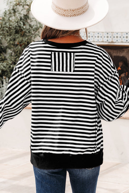 Exposed Seam Drop Shoulder Striped Cotton Blend Pullover Top