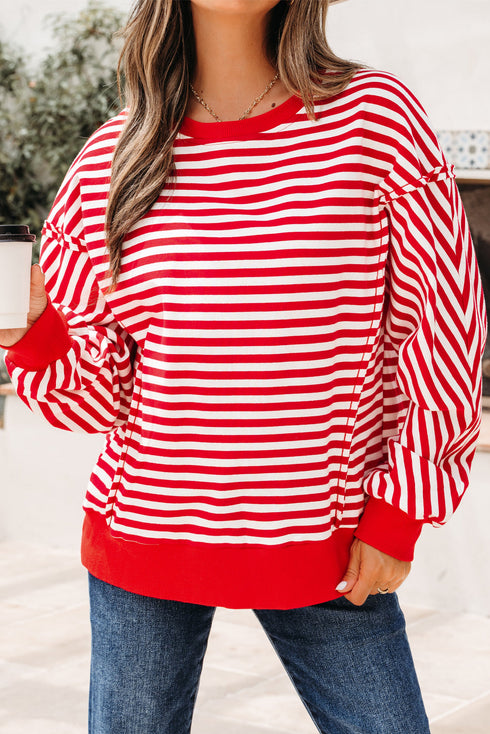 Exposed Seam Drop Shoulder Striped Cotton Blend Pullover Top