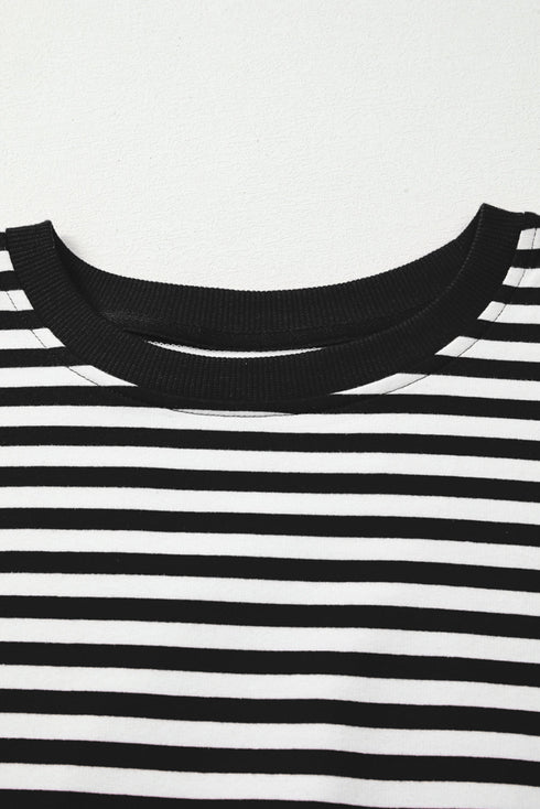 Exposed Seam Drop Shoulder Striped Cotton Blend Pullover Top