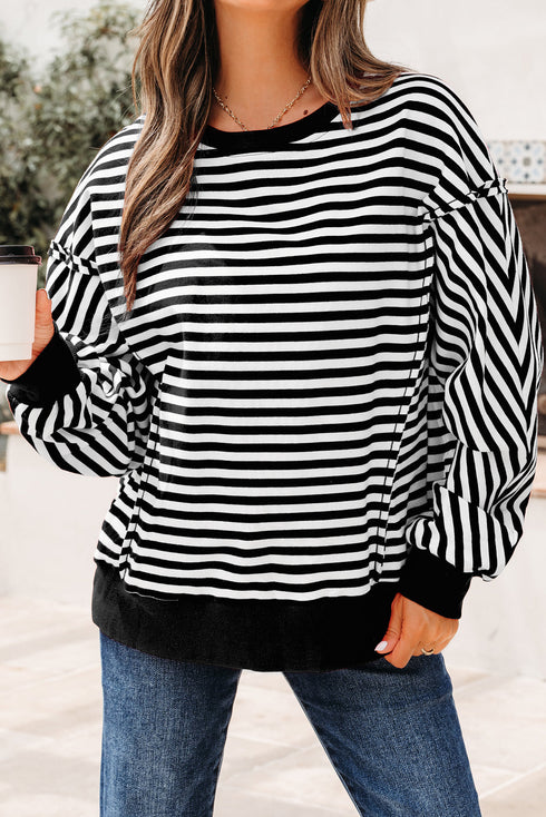 Exposed Seam Drop Shoulder Striped Cotton Blend Pullover Top