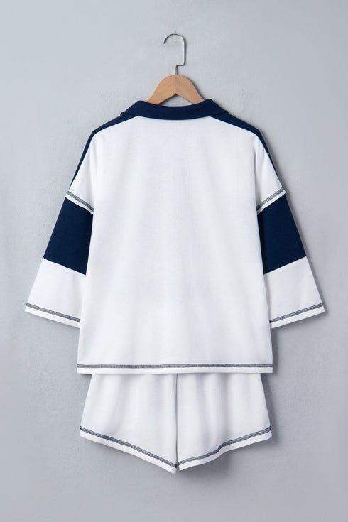 Exposed Seam Half Sleeve Top Elastic Waist Two Piece Short Set