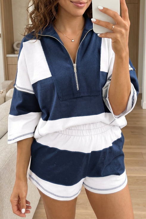 Exposed Seam Half Sleeve Top Elastic Waist Two Piece Short Set