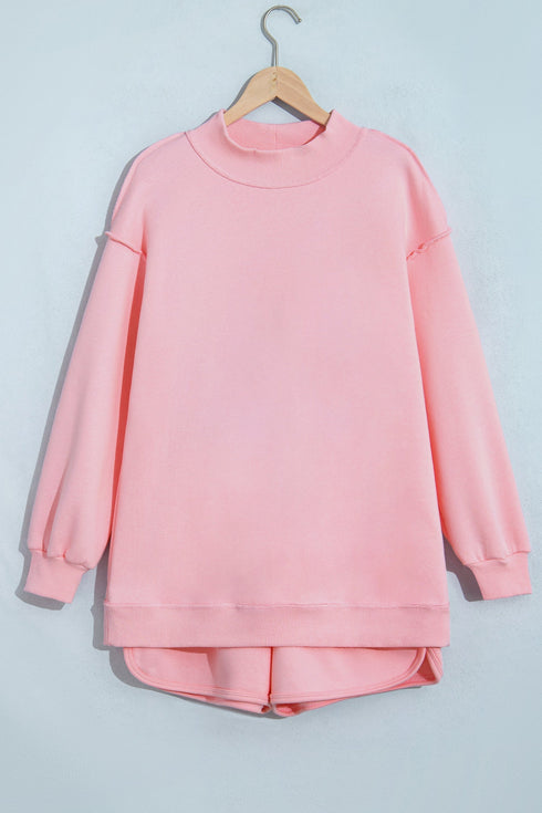 Exposed Seam Mock Neck Drop Shoulder Pullover Short Set