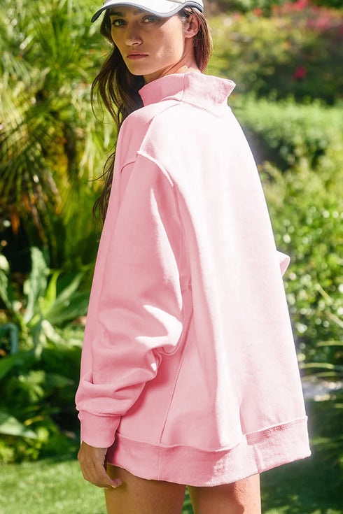 Exposed Seam Mock Neck Drop Shoulder Pullover Short Set