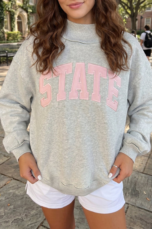 Exposed Seam Mock Neck Letter Embroidered Loose Sweatshirt
