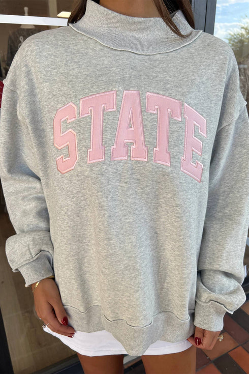 Exposed Seam Mock Neck Letter Embroidered Loose Sweatshirt