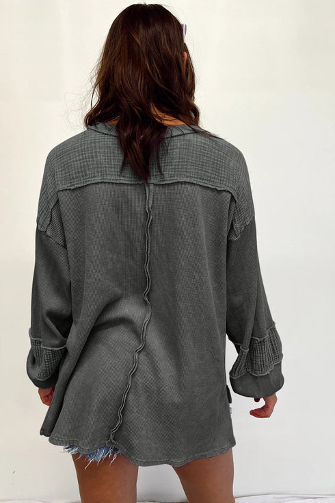 Exposed Seam Patchwork Bubble Sleeve Waffle Knit Top