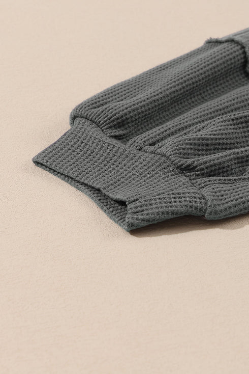 Exposed Seam Patchwork Bubble Sleeve Waffle Knit Top