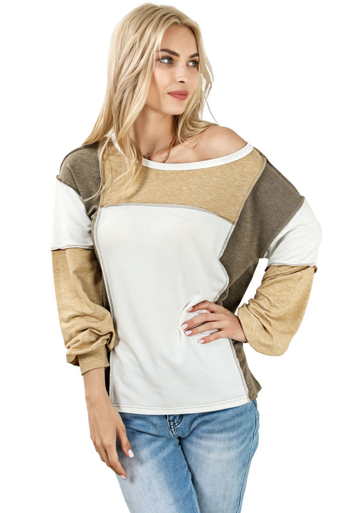 Exposed Seam Patchwork Long Sleeve Knit Top