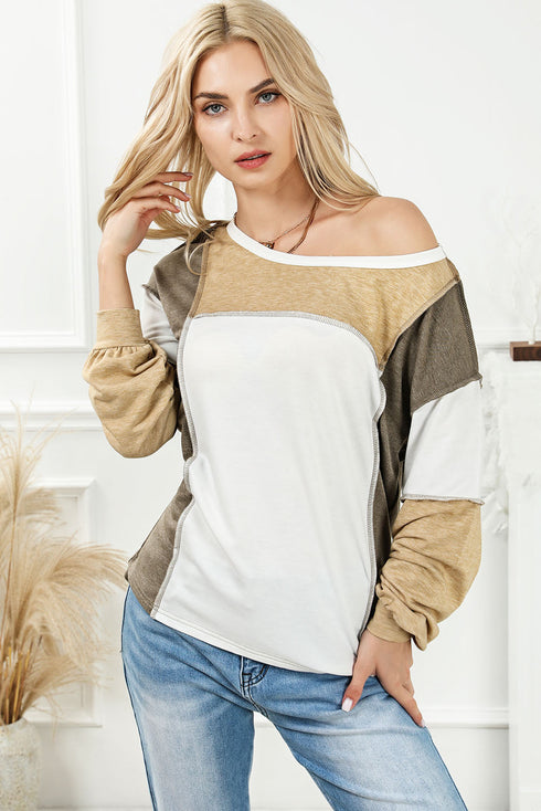 Exposed Seam Patchwork Long Sleeve Knit Top