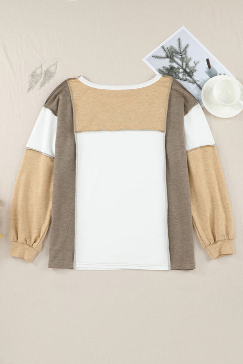 Exposed Seam Patchwork Long Sleeve Knit Top