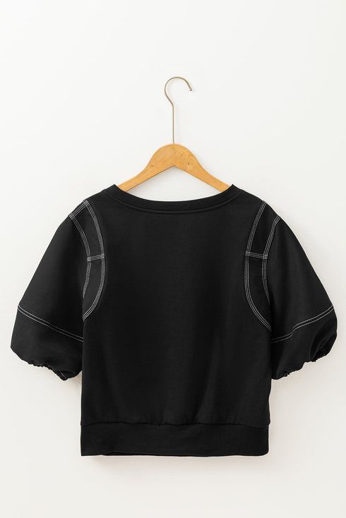 Exposed Seam Puff Sleeve Square Neck Babydoll Blouse