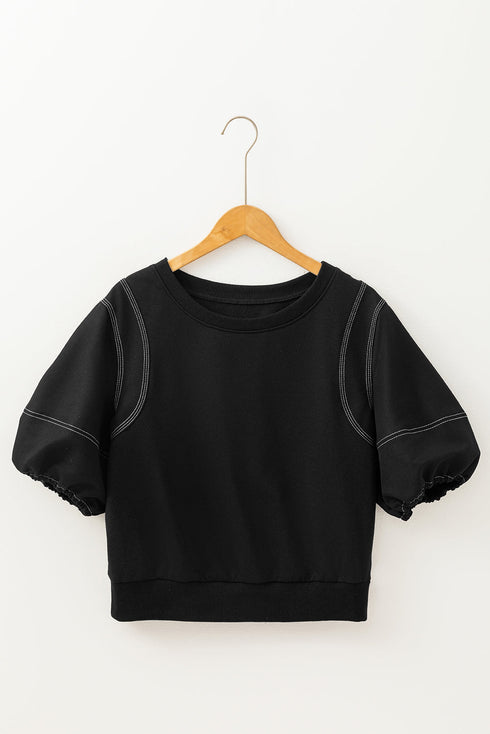 Exposed Seam Puff Sleeve Square Neck Babydoll Blouse
