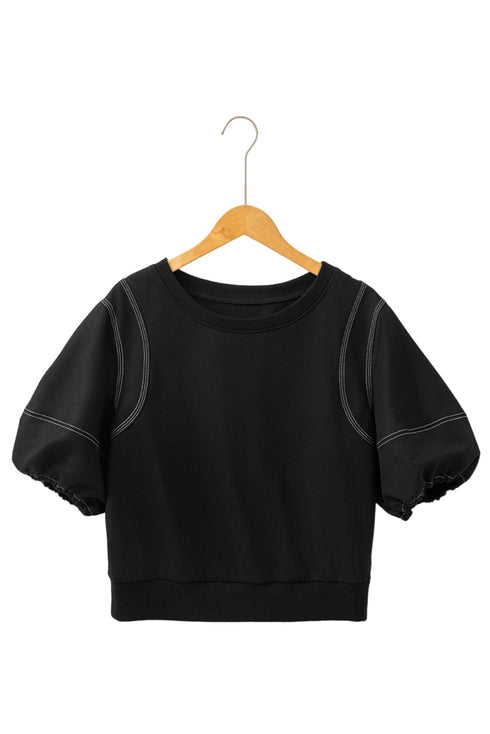 Exposed Seam Puff Sleeve Square Neck Babydoll Blouse