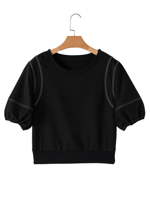 Exposed Seam Puff Sleeve Square Neck Babydoll Blouse