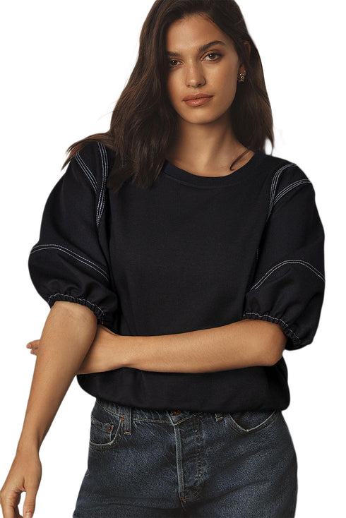 Exposed Seam Puff Sleeve Square Neck Babydoll Blouse
