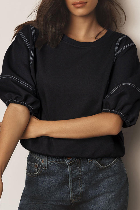 Exposed Seam Puff Sleeve Square Neck Babydoll Blouse