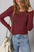 Exposed Seam Ribbed Curved Hem Button Cuff Crewneck Long Sleeve Top