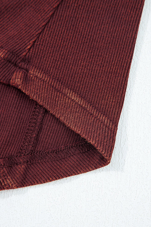 Exposed Seam Ribbed Curved Hem Button Cuff Crewneck Long Sleeve Top