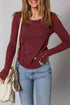 Exposed Seam Ribbed Curved Hem Button Cuff Crewneck Long Sleeve Top