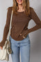 Exposed Seam Ribbed Curved Hem Button Cuff Crewneck Long Sleeve Top