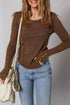 Exposed Seam Ribbed Curved Hem Button Cuff Crewneck Long Sleeve Top