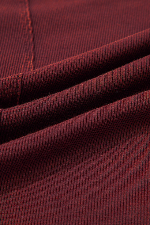 Exposed Seam Ribbed Curved Hem Button Cuff Crewneck Long Sleeve Top