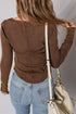 Exposed Seam Ribbed Curved Hem Button Cuff Crewneck Long Sleeve Top