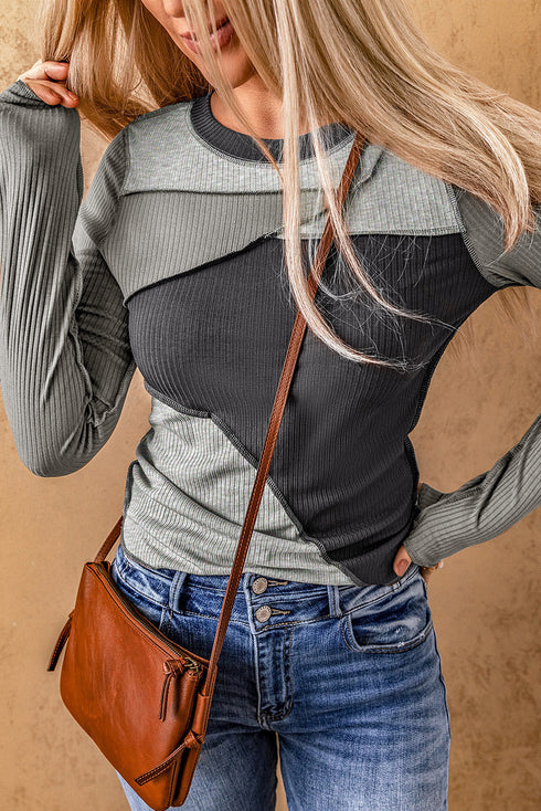 Exposed Seam Ribbed Knit Patchwork Top