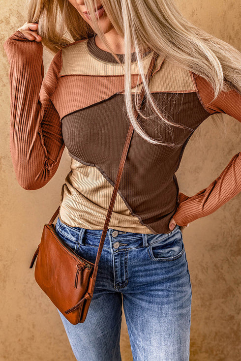 Exposed Seam Ribbed Knit Patchwork Top