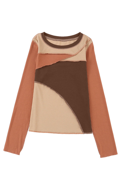 Exposed Seam Ribbed Knit Patchwork Top