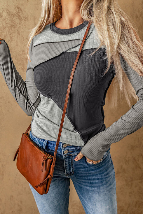 Exposed Seam Ribbed Knit Patchwork Top