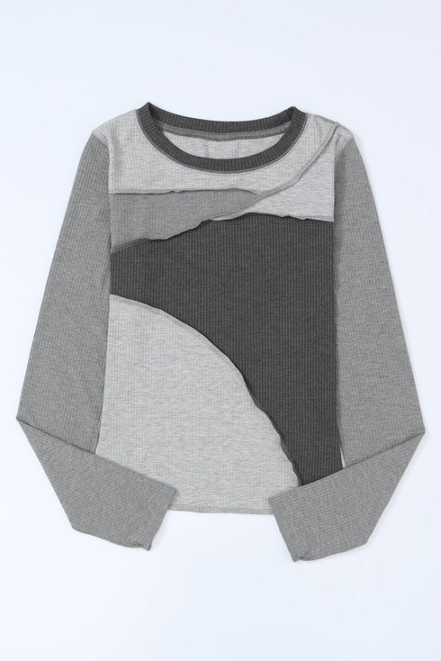 Exposed Seam Ribbed Knit Patchwork Top