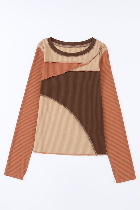 Exposed Seam Ribbed Knit Patchwork Top