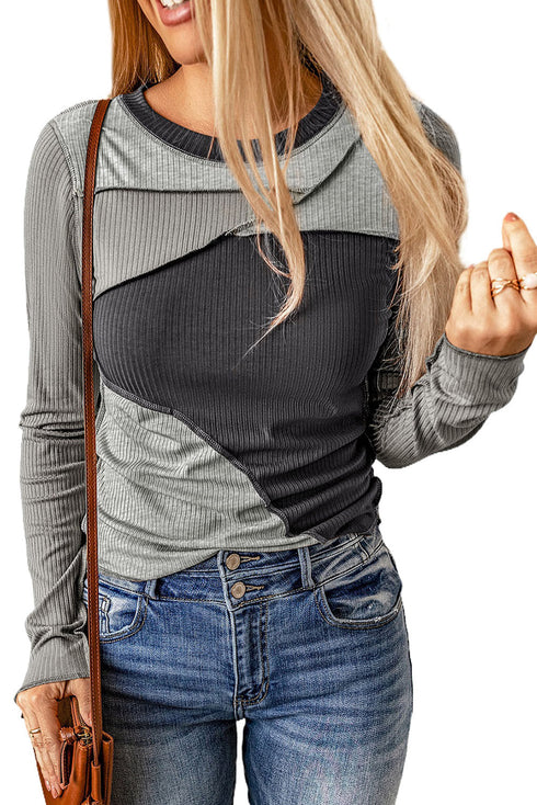 Exposed Seam Ribbed Knit Patchwork Top