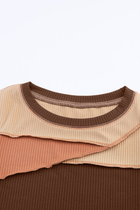 Exposed Seam Ribbed Knit Patchwork Top