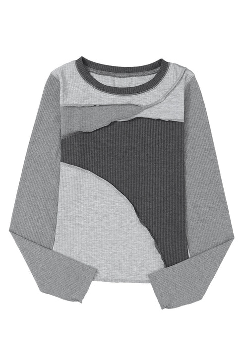 Exposed Seam Ribbed Knit Patchwork Top