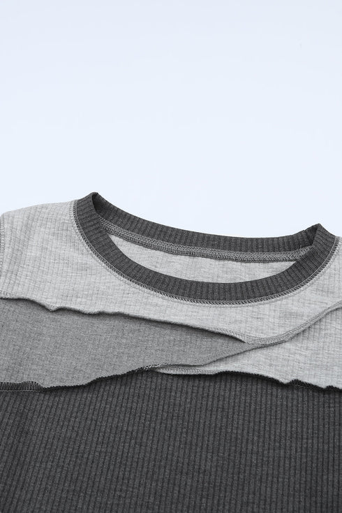 Exposed Seam Ribbed Knit Patchwork Top