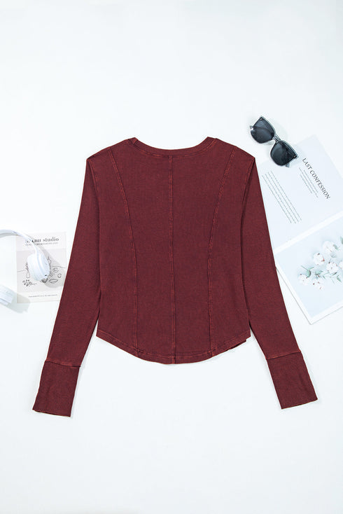 Exposed Seam Ribbed Knit Round Neck Long Sleeve Top
