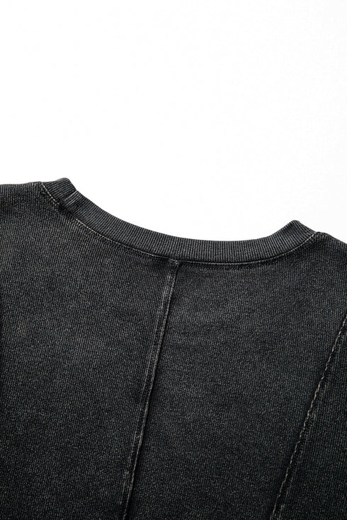 Exposed Seam Ribbed Knit Round Neck Long Sleeve Top