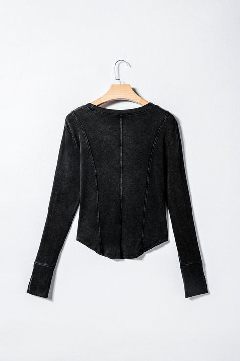 Exposed Seam Ribbed Knit Round Neck Long Sleeve Top