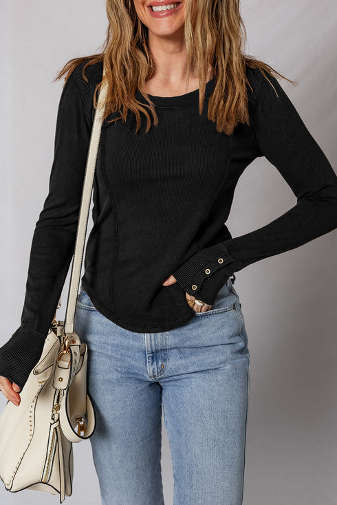 Exposed Seam Ribbed Knit Round Neck Long Sleeve Top
