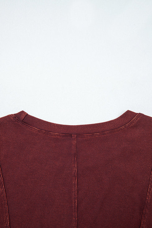 Exposed Seam Ribbed Knit Round Neck Long Sleeve Top