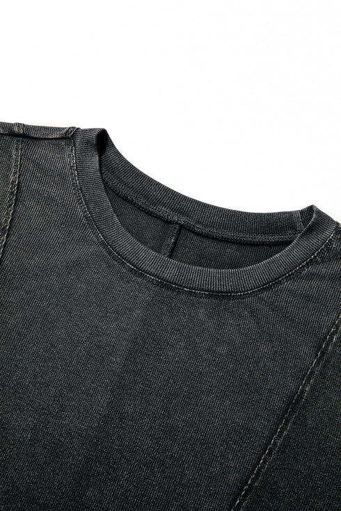Exposed Seam Ribbed Knit Round Neck Long Sleeve Top