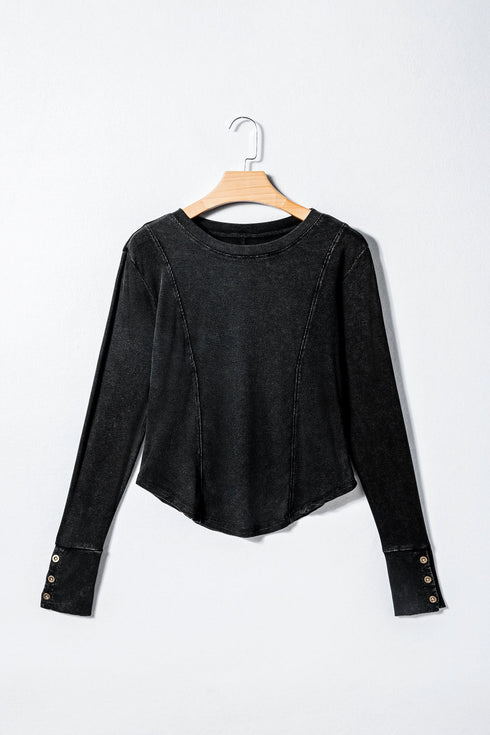 Exposed Seam Ribbed Knit Round Neck Long Sleeve Top