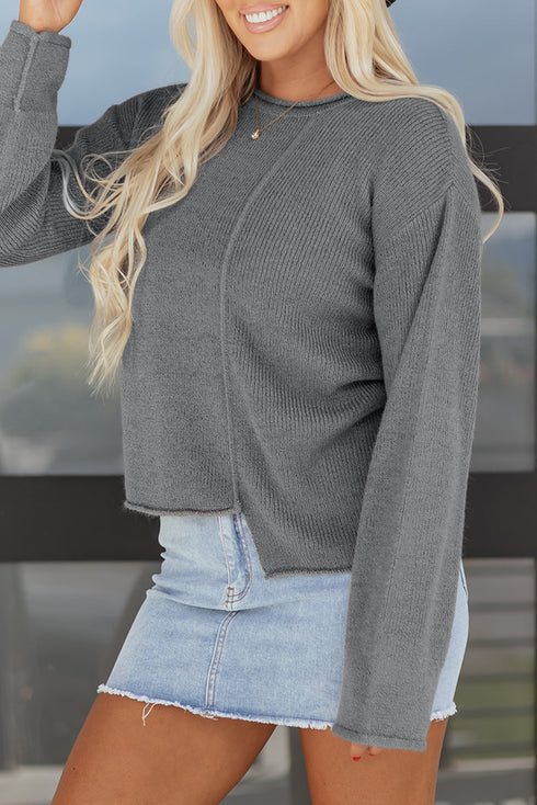 Exposed Seam Ribbed Knit Round Neck Pullover Sweater